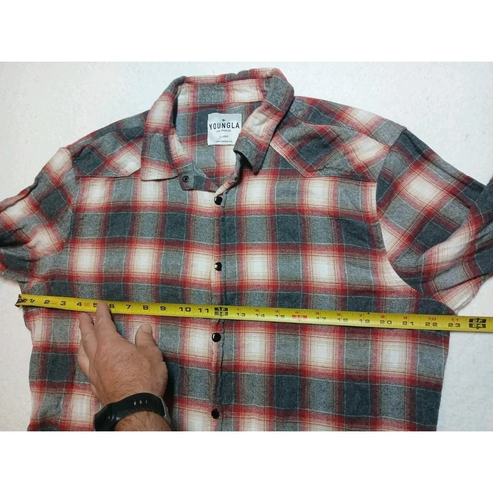 Young LA Men's XL Flannel Shirt Red Grey Plaid Distressed Raw Hem Snap Button